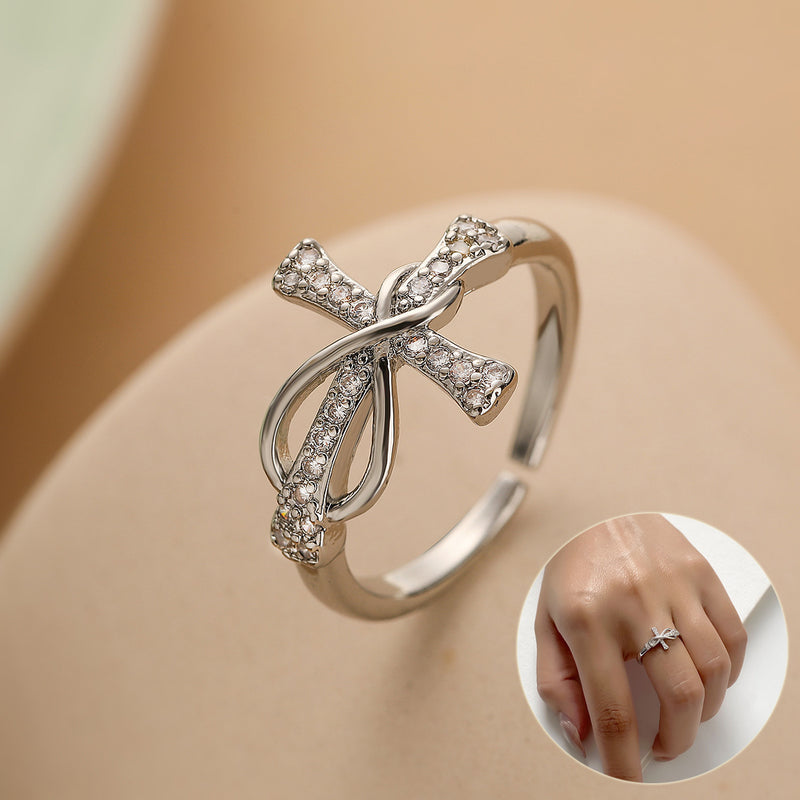 Elegant Crystal Cross Adjustable Copper Ring – Women’s Statement Accessory