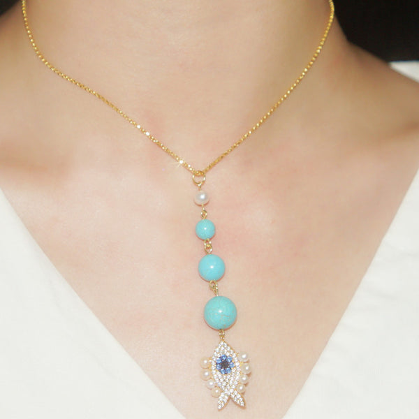 Sterling Silver Necklace Girl With Diamond Pearl Fish