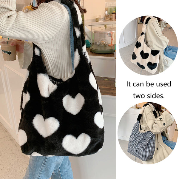 Plush Heartbeat Tote – Reversible Winter Shoulder Bag