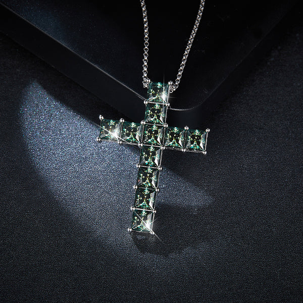 Men’s & Women’s Cross Diamond Necklace – Green Gemstone on Sterling Silver