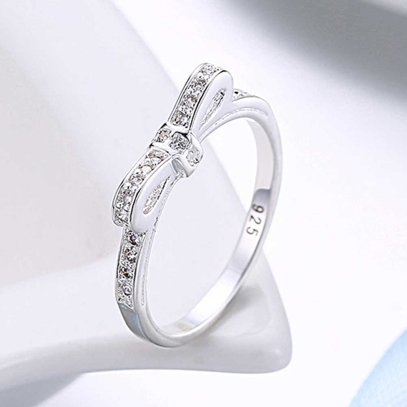 Sterling Silver Bowknot Crystal Ring – Elegant Zircon Gift for Women