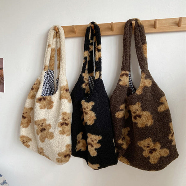 Teddy Fleece Shoulder Bag – Winter Bear Print Handbag for Women