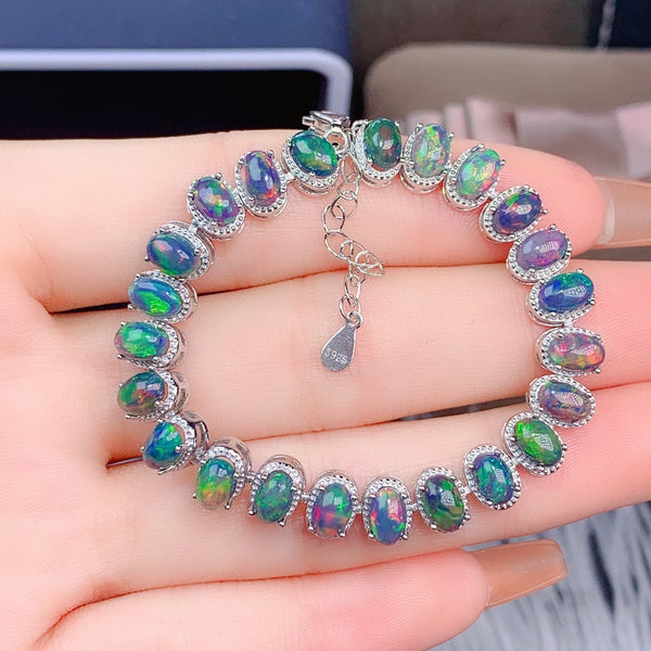 Aurora Bloom Black Opal Bracelet – Sterling Silver & Crystal Radiance
