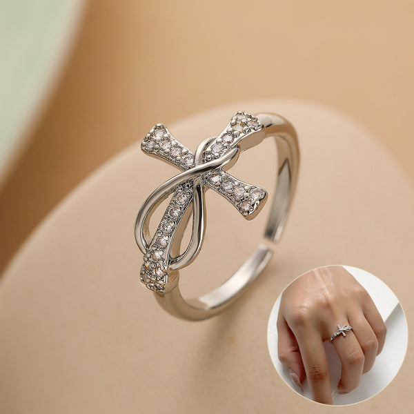Elegant Crystal Cross Adjustable Copper Ring – Women’s Statement Accessory